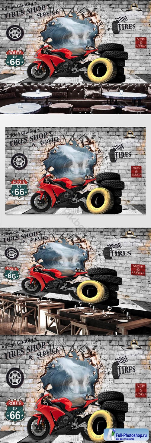 Retro 3d brick wall motorcycle background wall