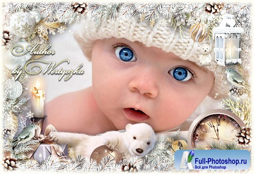 Christmas frame for photo with teddy bear and festive decorations
